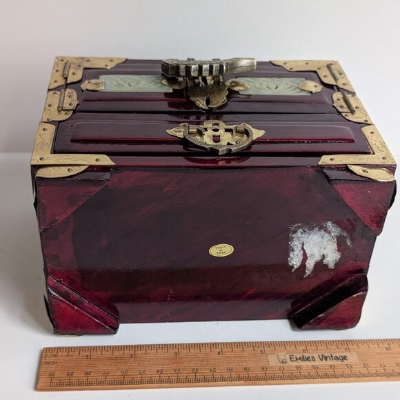 Vtg Asian Chinese Hand Carved Jade Stone Brass Wood Jewelry Trinket Box W/ Lock - Picture 13 of 13
